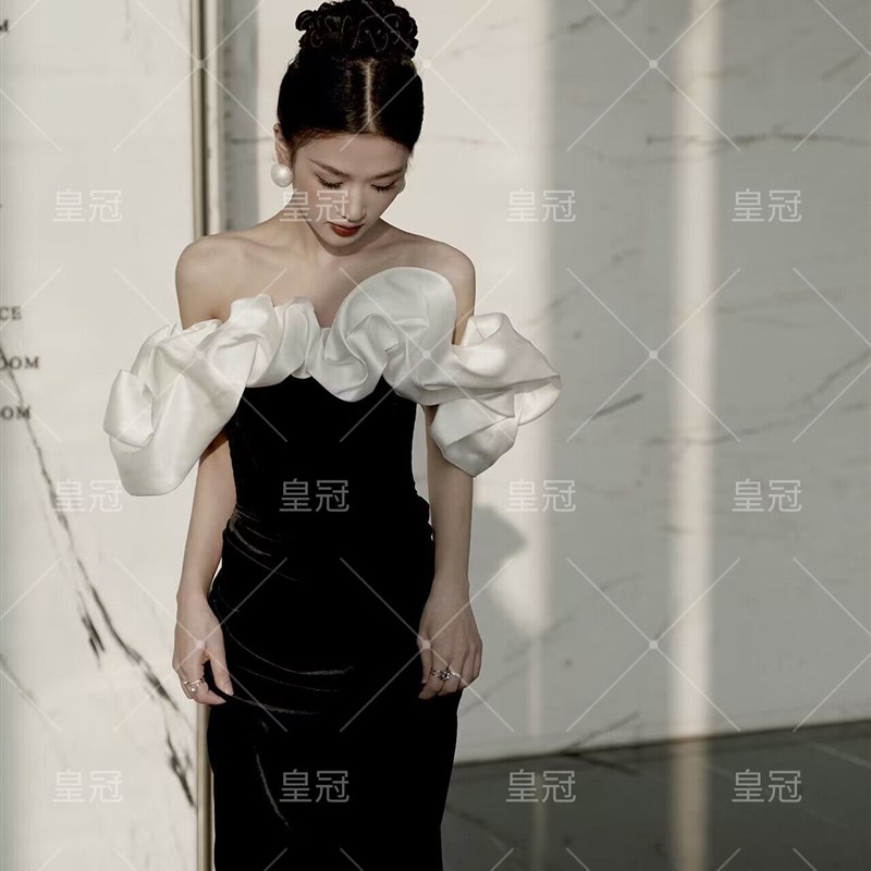 影楼主题法式复古黑色一字肩丝绒礼服气质展会高定个人拍照服装