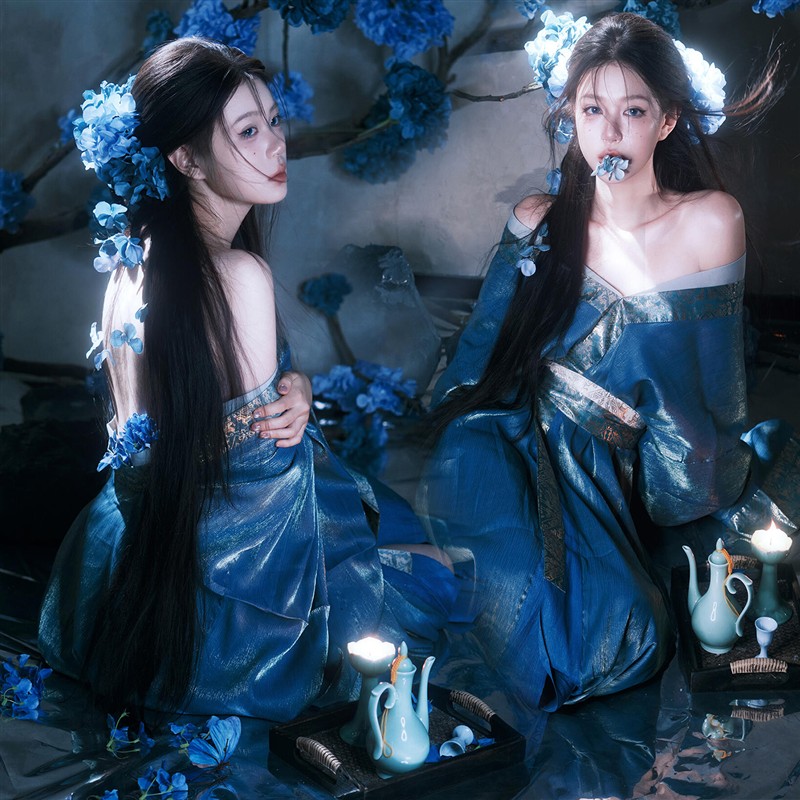 影楼拍照新款古风汉服女蓝色大袖衫重工刺绣国风古装写真摄影服装