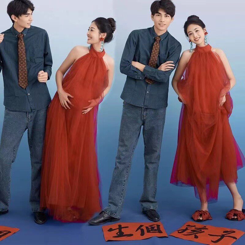 影楼超仙海边无袖挂脖红色连衣裙孕妇夏季露肩高腰长裙子女