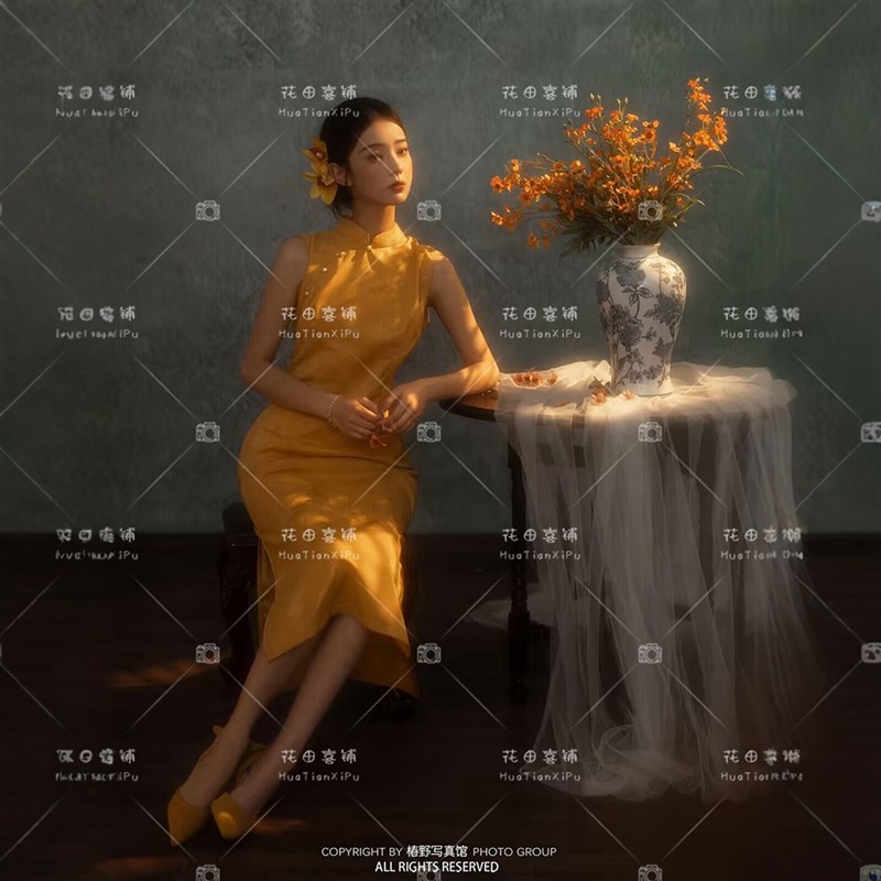 新款影楼复古新中式黄色旗袍国风气质氛围感个人肖像艺术写真服装