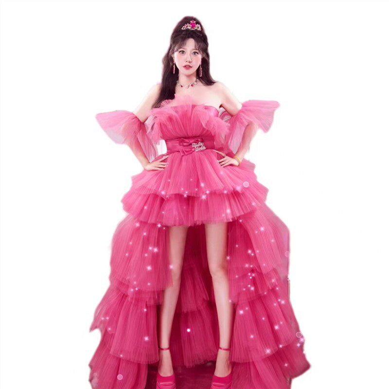 影楼新款公主裙粉色多巴胺少女芭比风生日礼服抹胸婚纱蛋糕裙年会
