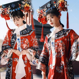 新款宫廷风清代红色印花格格服新中式清朝汉服女旅拍写真摄影服装