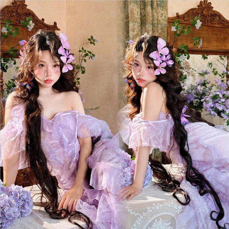 照相馆新款主题紫色洋装法式高级感花房小清新少女纯欲风写真服装