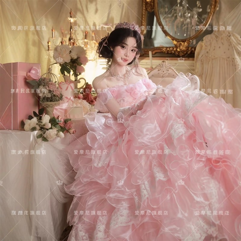 影楼新款法式复古油画风粉色蓬蓬蛋糕裙花漾公主生日写真婚纱礼服