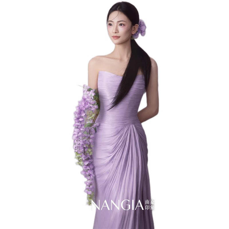 紫色新中式抹胸晚礼服高级轻奢新娘生日订婚晨袍主持人宴会洋装