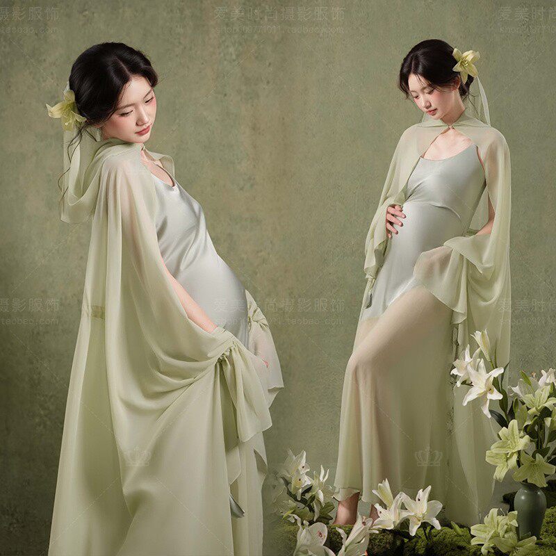 影楼新款孕妇装清冷感绿色纱质披肩连衣裙影楼摄影服饰新中式服饰