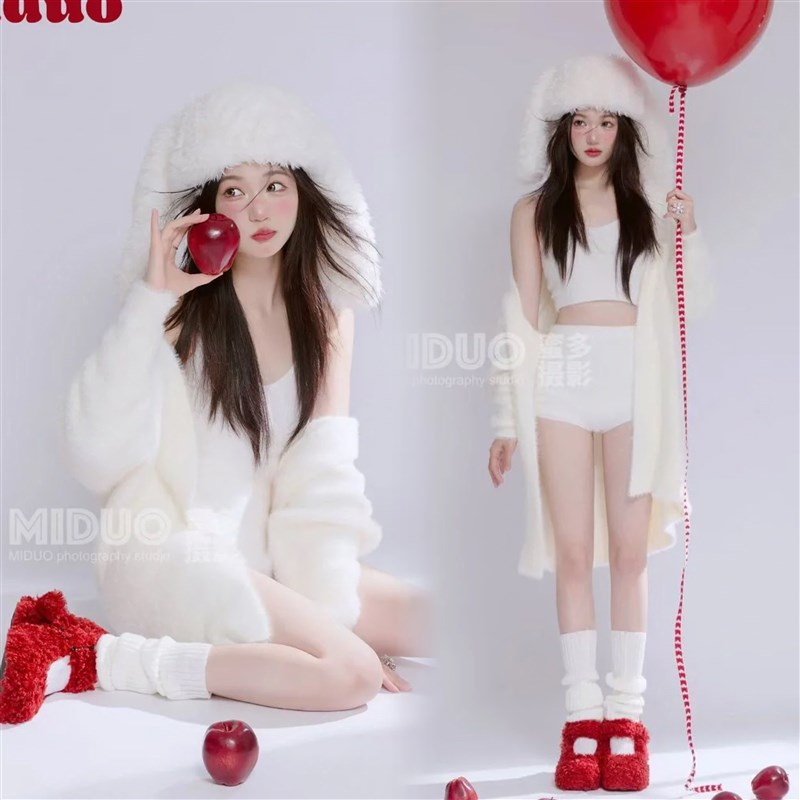 影楼拍照新年主题纯欲风白色毛衣少女小清新私房艺术照摄影服装
