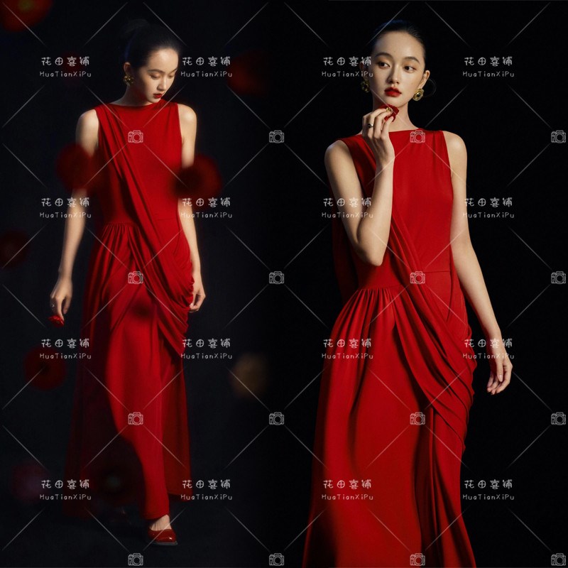 新中式复古晨袍新娘敬酒服订婚高级感小众红色气质中国风长裙礼服