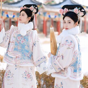 格格服装冬季原创汉服清代印花古装加厚马甲公主格格清朝旗装旅拍