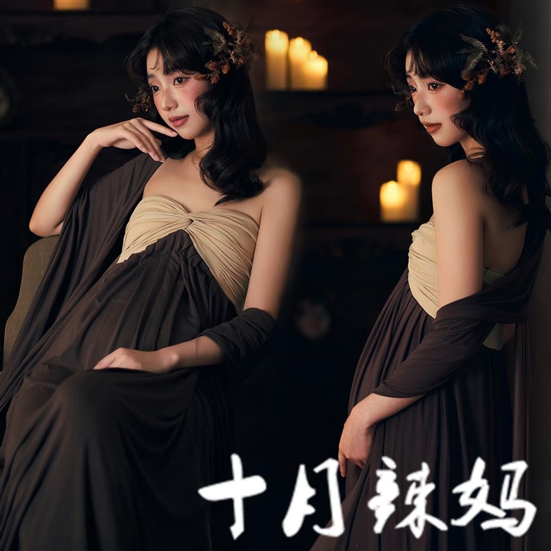 孕妇照写真复古油画希腊风高级清冷感抹胸裙孕妈咪大肚照摄影服装
