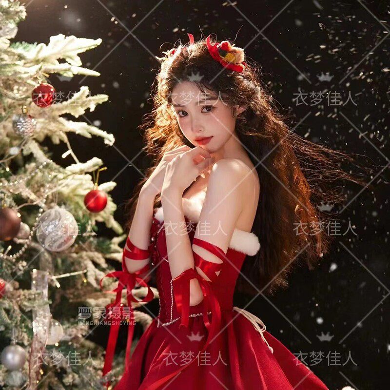 秋冬新款圣诞节主题拍照服装甜美芭比公主风新年写真艺术照连衣裙