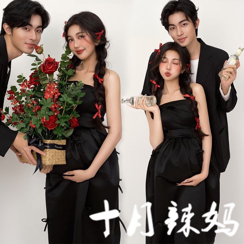 影楼新款情侣孕妇照服装简约风高级感孕妈大肚照黑色抹胸裙在家拍