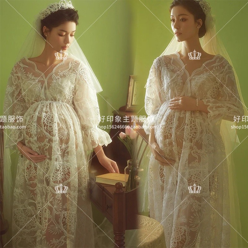 新款孕妇拍照服装影楼法式复古温柔风孕妈性感透视蕾丝裙写真服装