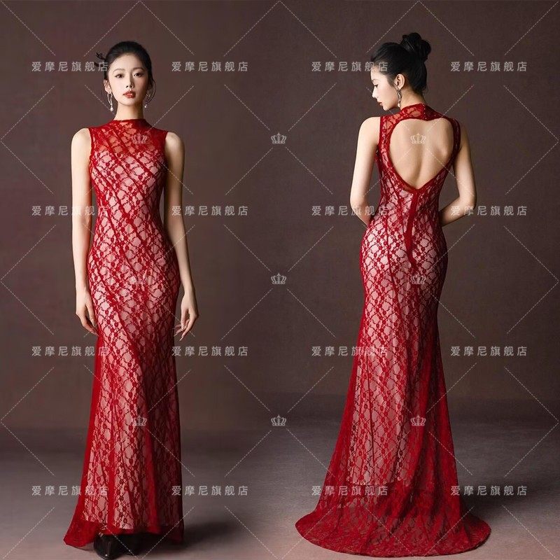 新中式晨袍女新娘晨拍订婚礼服蕾丝红色敬酒服高级感无袖鱼尾长裙,个性定制/设计服务/DIY,动漫/cos制服定制/加工,淘宝优惠券,粉丝福利购,淘宝优惠卷