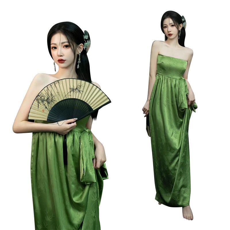 新中式晨袍女新娘高级感高端小众竹叶绿色抹胸旗袍洋装写真服装