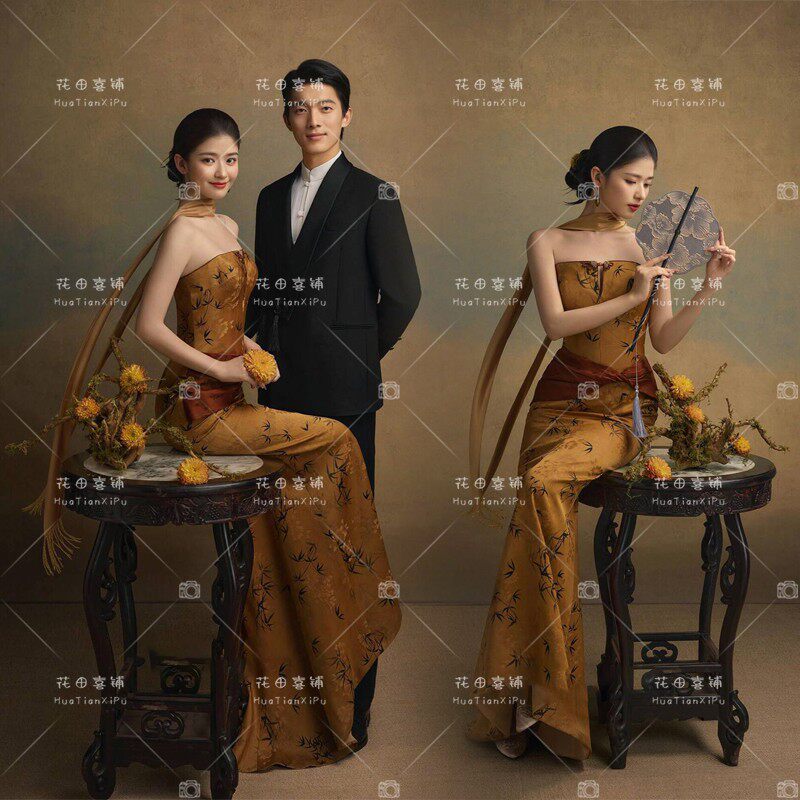 2025新款影楼主题情侣新中式婚纱照复古抹胸礼服新娘晨袍敬酒礼服
