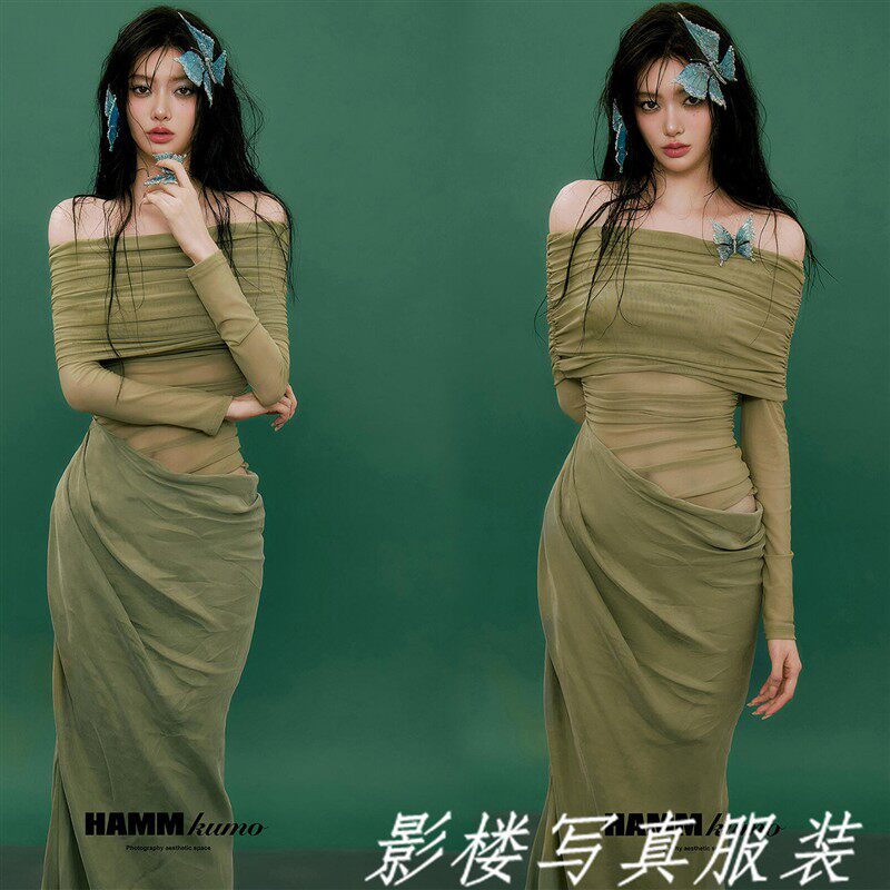 影楼新款森系清冷感晨袍新娘订婚礼服气质艺术照中式敬酒写真长裙