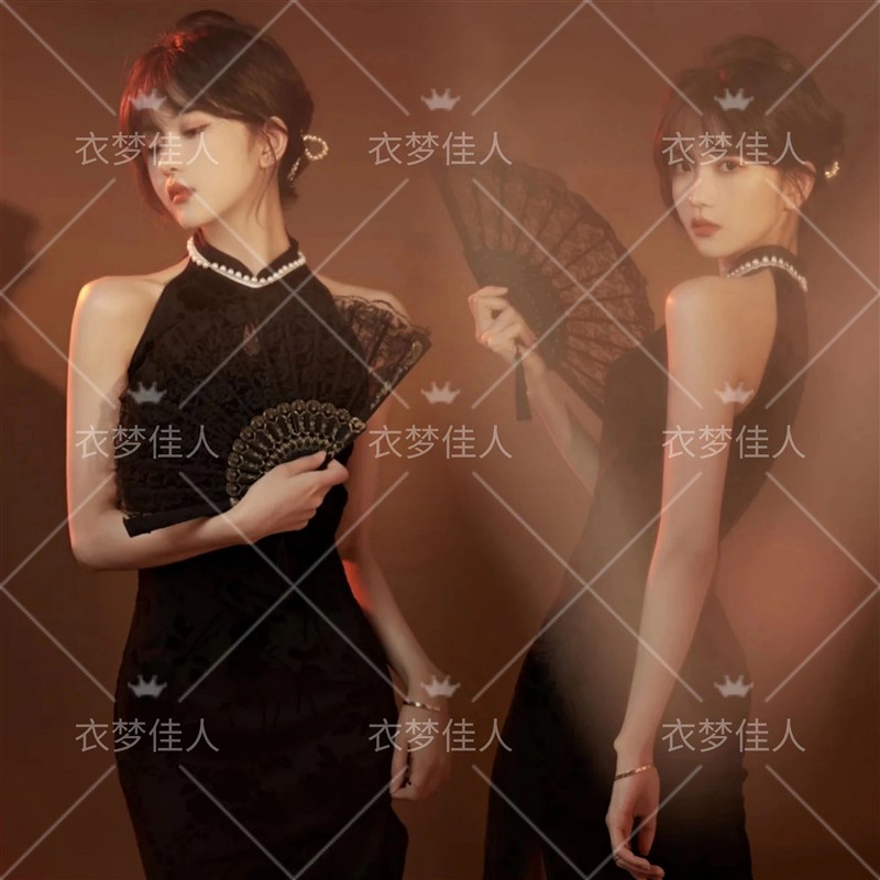 22复古修身新款照相馆写真服装民国军阀太太蕾丝旗袍老上海改良旗