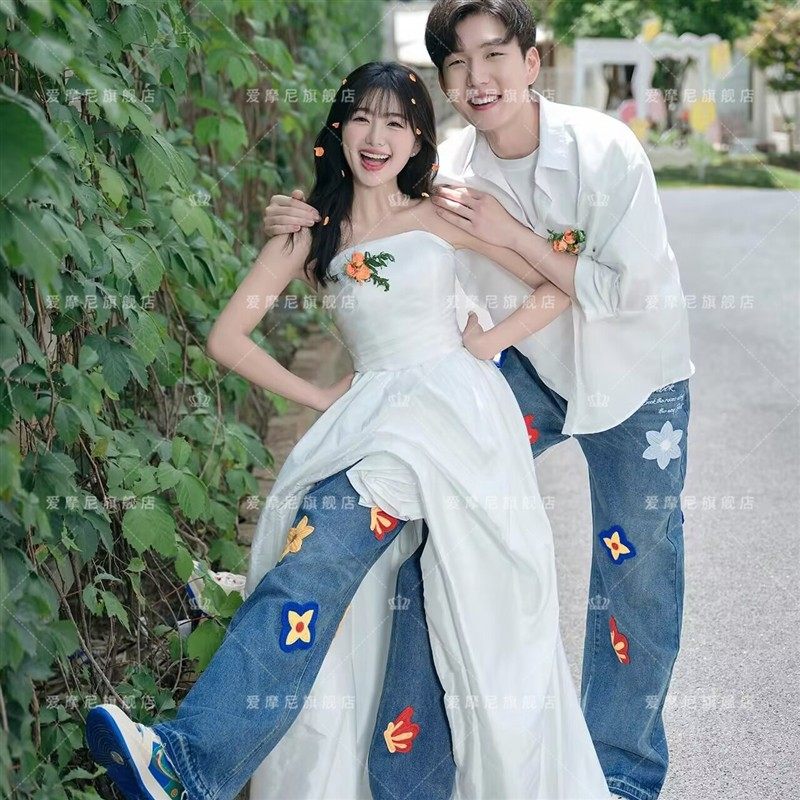 影楼拍照旅拍主题服装街拍婚纱摄影情侣混搭抹胸白色前短后长礼服