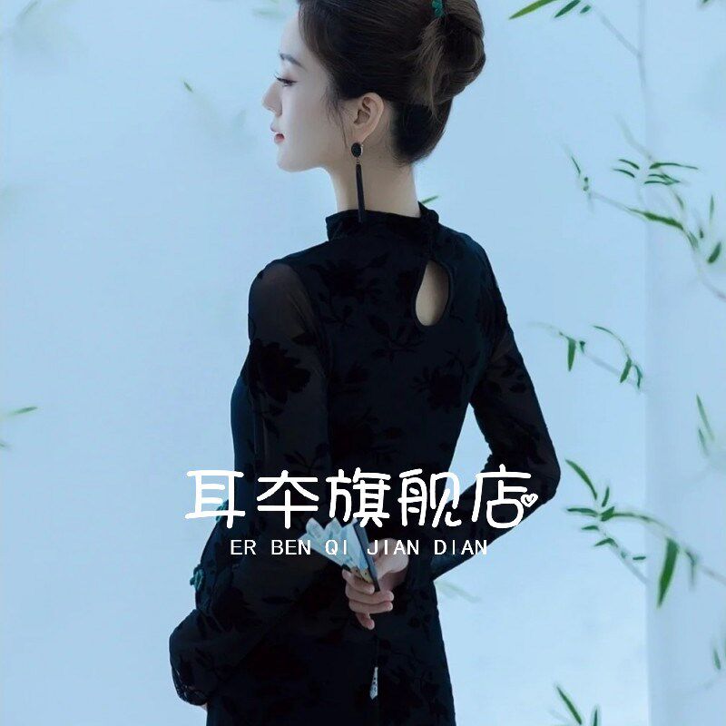 新款影楼孕妇拍照服装孕期妈咪照复古旗袍黑色艺术拍照写真连体裙