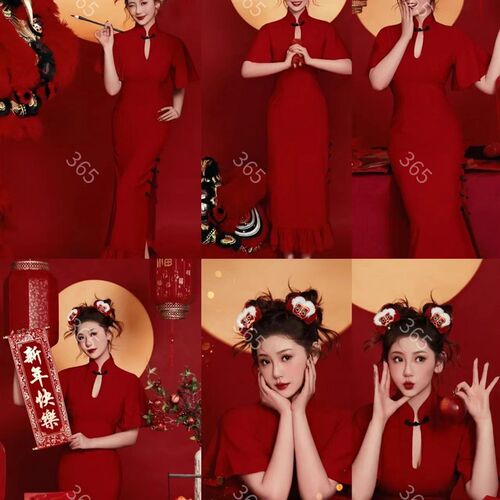 影楼主题新年复古红色旗袍个人写真拍照服装少女春节艺术照摄影服
