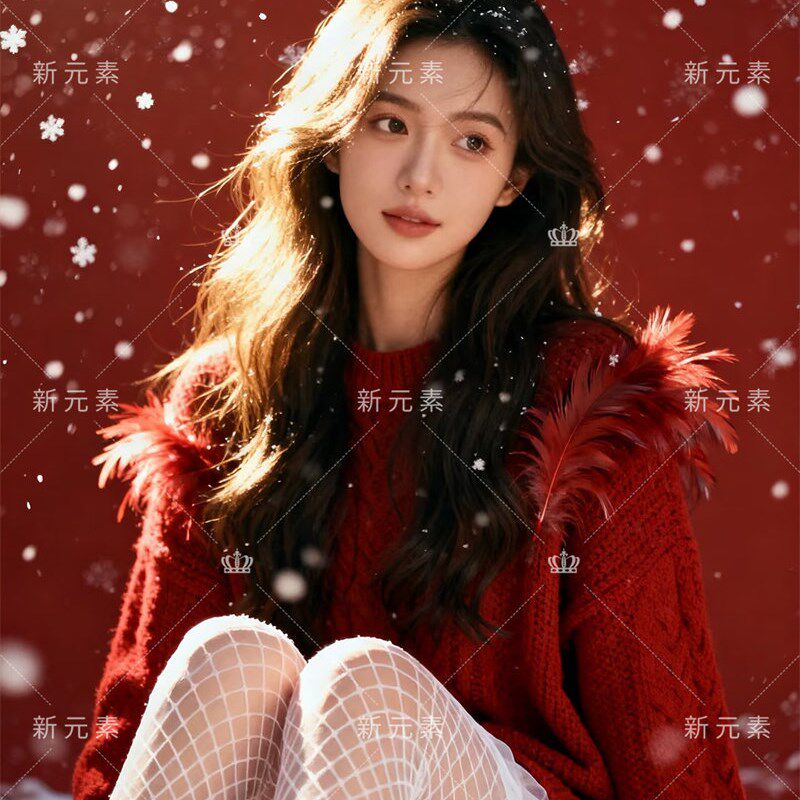 秋冬影楼新款圣诞新年主题服装红色毛衣少女室内拍艺术照写真服饰