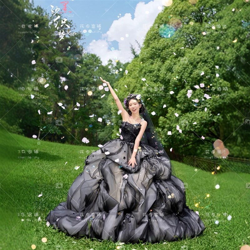 影楼拍照主题服装黑色花神抹胸蓬蓬婚纱摄影外景草坪森系彩纱礼服