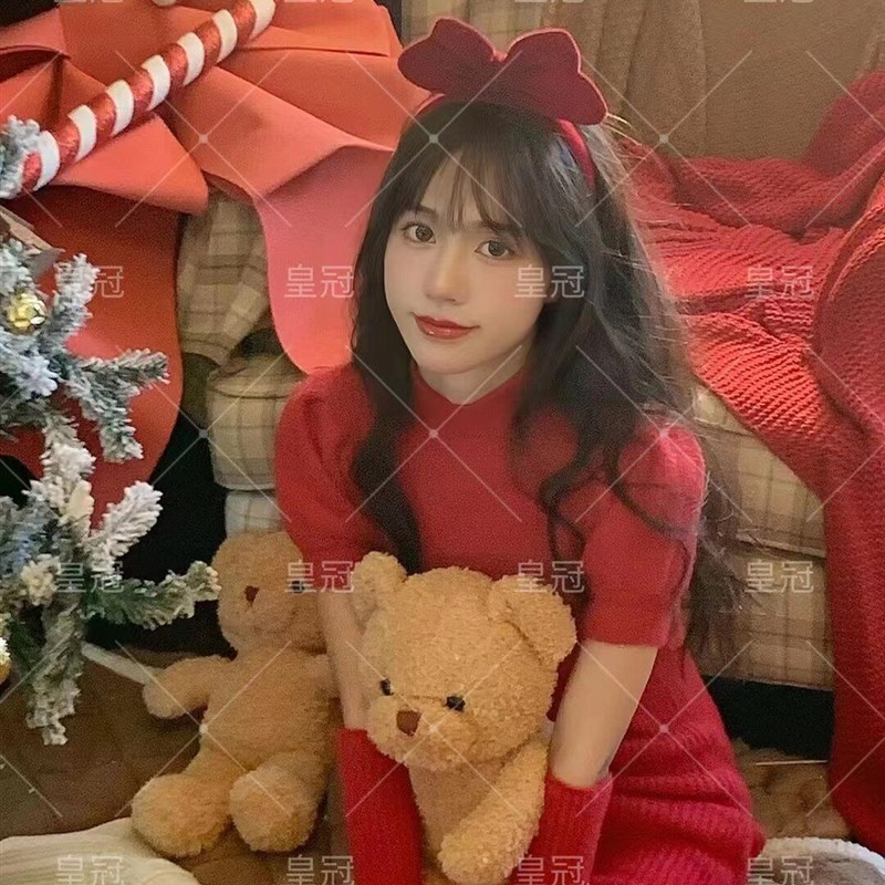 照相馆新款甜美公主风耶诞写真服装红色新年艺术照摄影主题针织毛