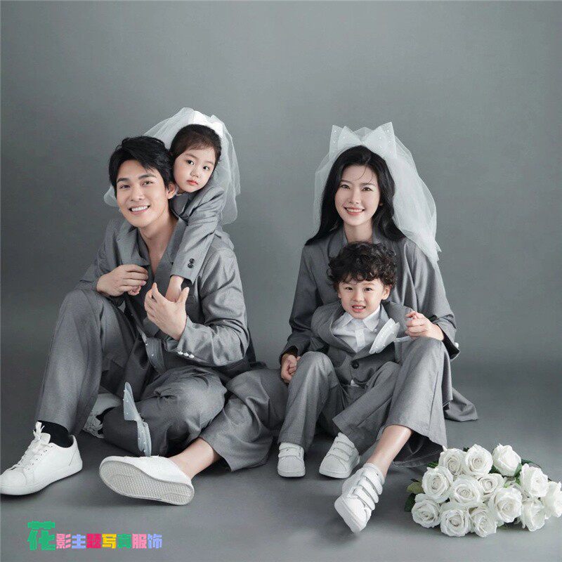 影楼亲子拍照主题服装时尚走秀高级灰西装宽松休闲全家福西服套装