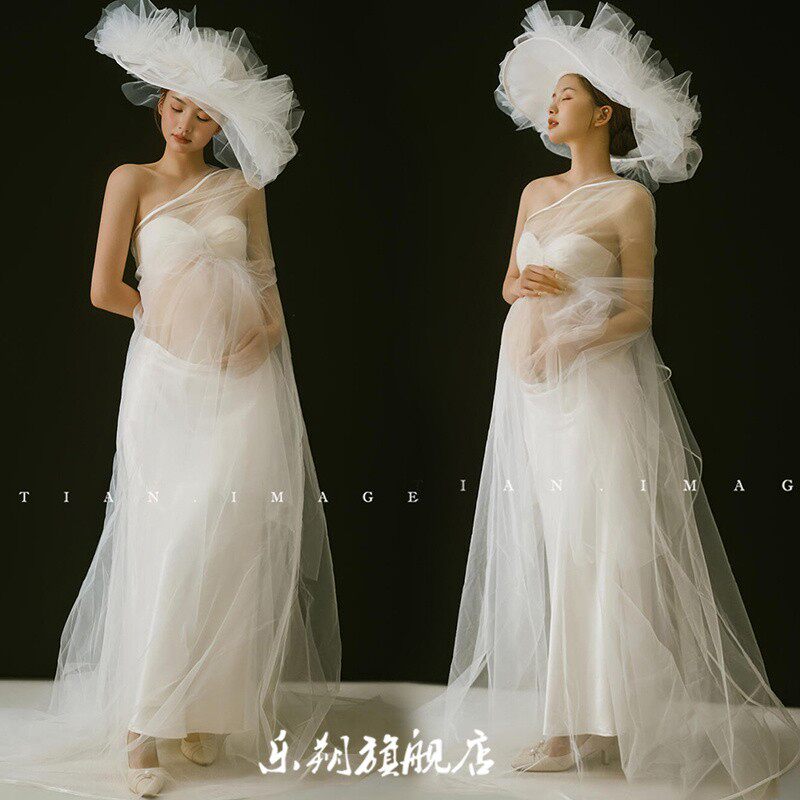 孕妇照服装影楼新款纯欲风法式白纱抹胸裙氛围感孕妈咪大肚照写真