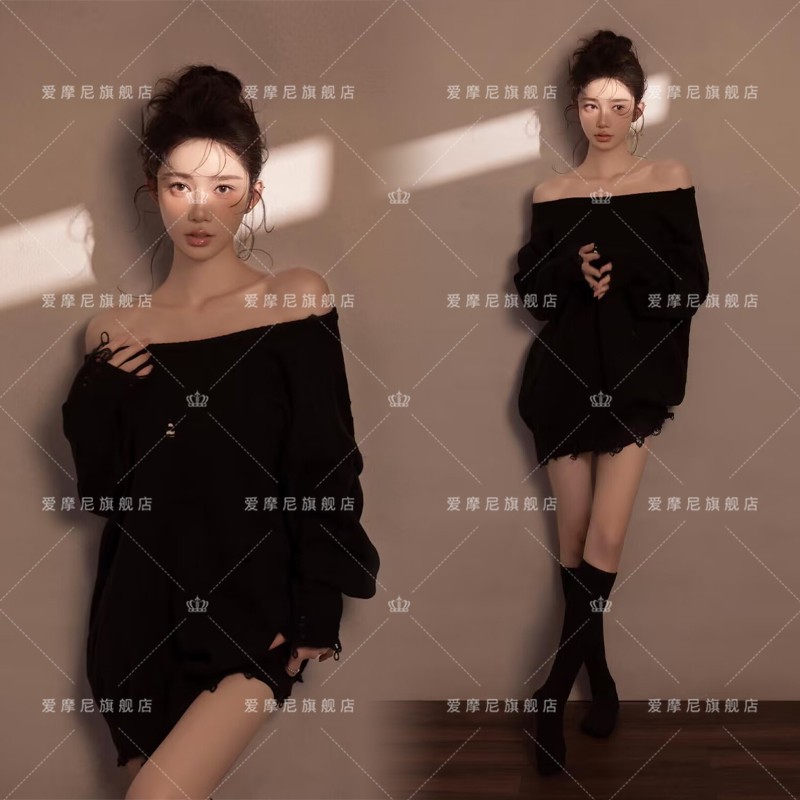影楼新款慵懒纯欲风黑色毛衣时尚纯欲个性女孩光影艺术照摄影服装