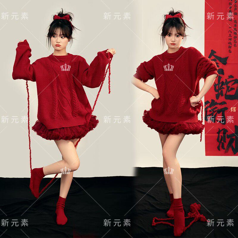 影楼秋冬主题服装新款新年红色喜庆少女艺术照毛衣肖像写真摄影服