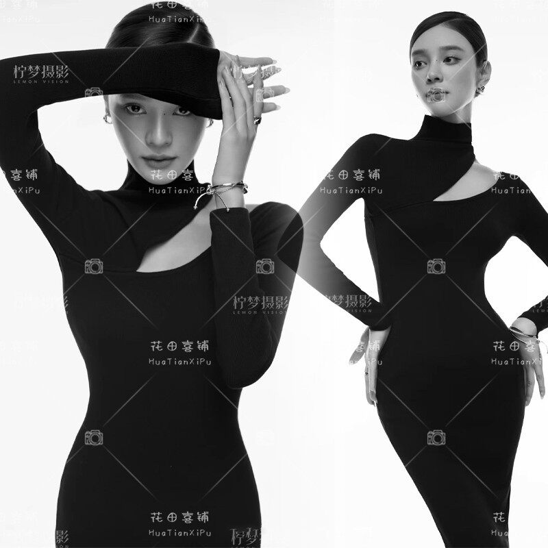 2025新款韩式杂志时装黑色连衣裙情绪肖像照简约写真影楼拍摄服装