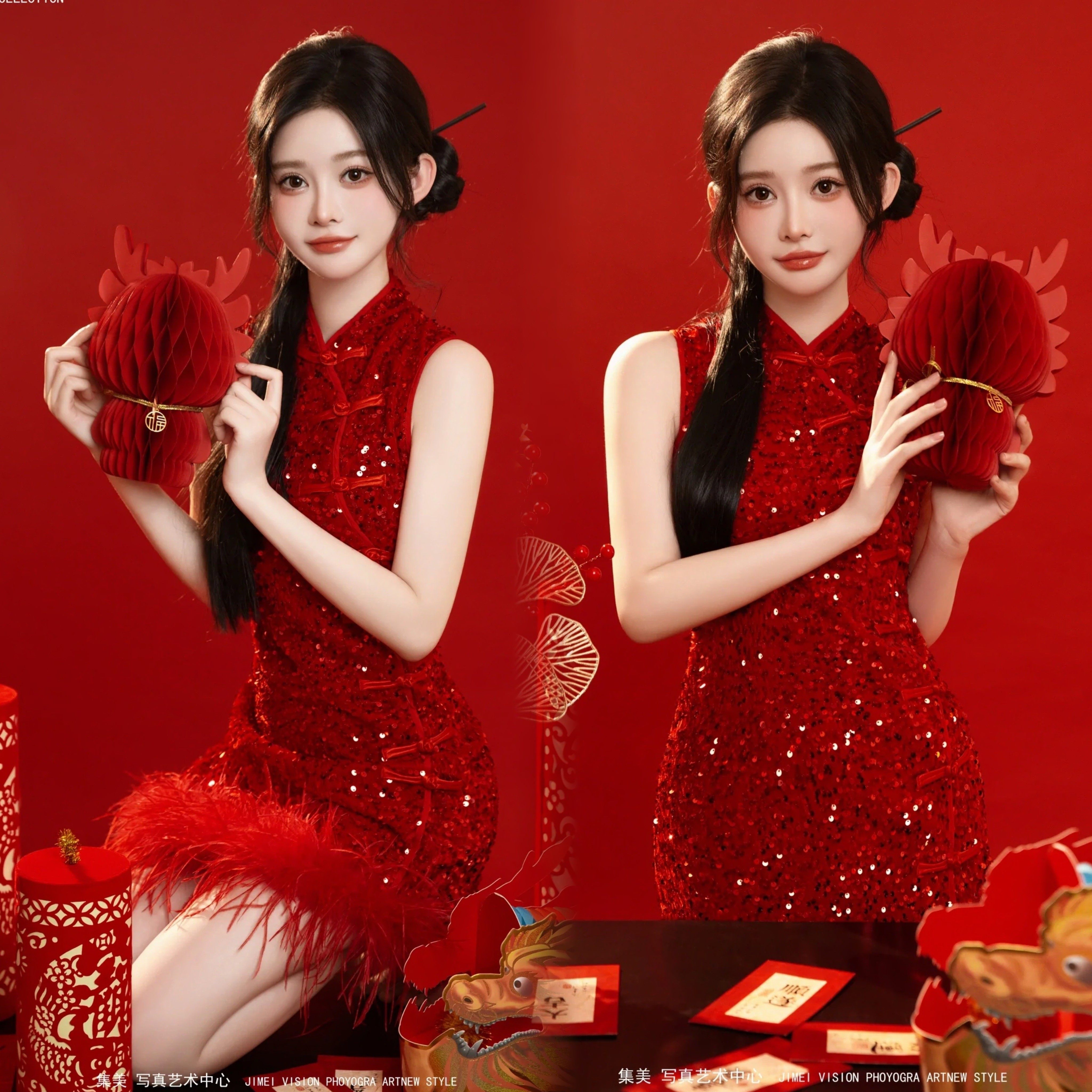 新年主题国潮复古写真服装中国风亮片旗袍艺术照拍照摄影服饰