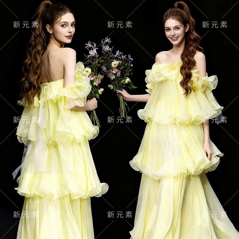新款照相馆法式轻奢高级感晨袍公主风黄色礼服艺术照甜美写真洋装
