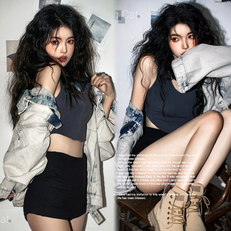 美式复古辣妹写真服牛仔外套背心短裤套装氛围感胶片少女舞台写真