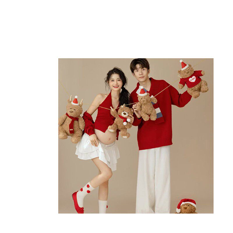 影楼孕妇照新年服装情侣喜庆红色慵懒风毛衣龙年孕妈咪艺术照服装