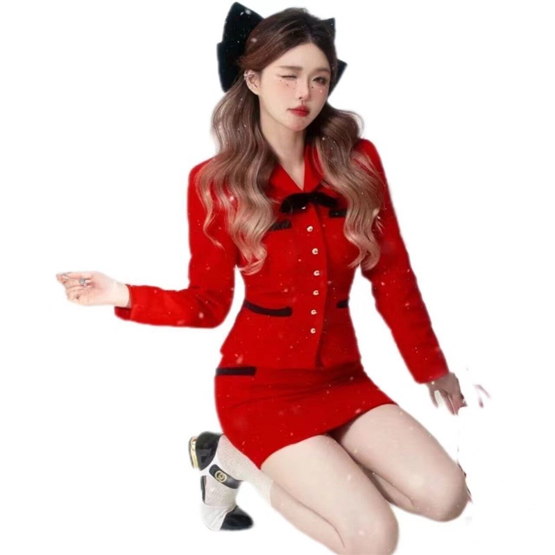 2023新款影楼圣诞写真主题服装女韩系红色小香风新年艺术照摄影服
