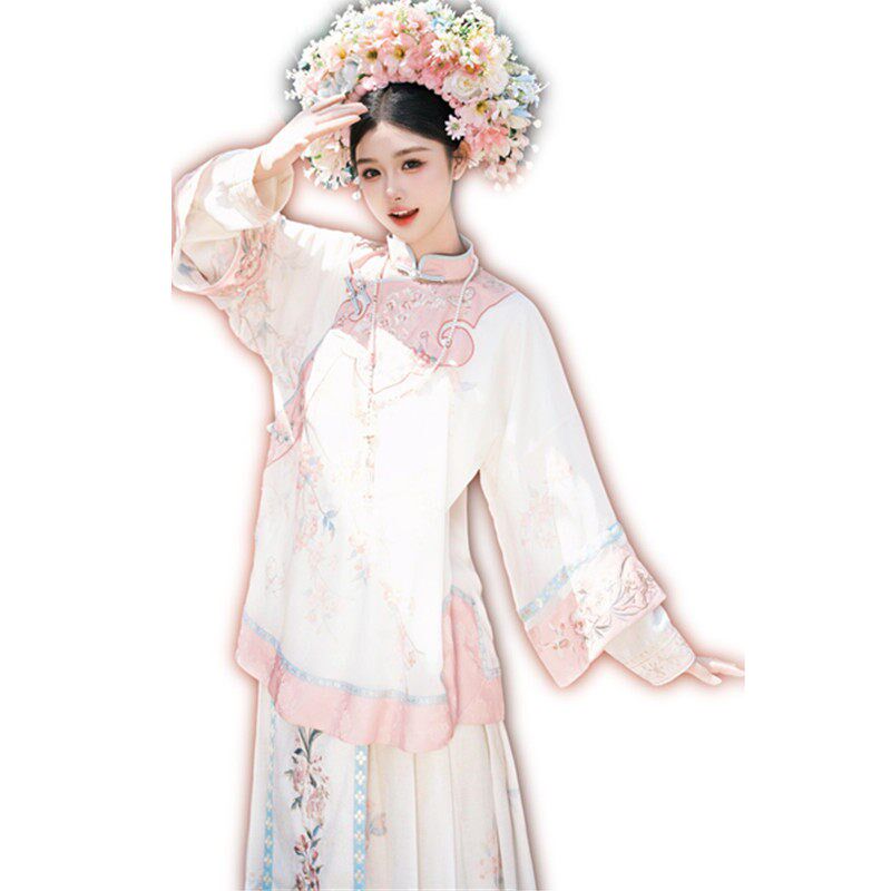 清朝格格服装新款簪花清汉女晚晴宫廷风印花旗袍氅衣旅拍写真服装