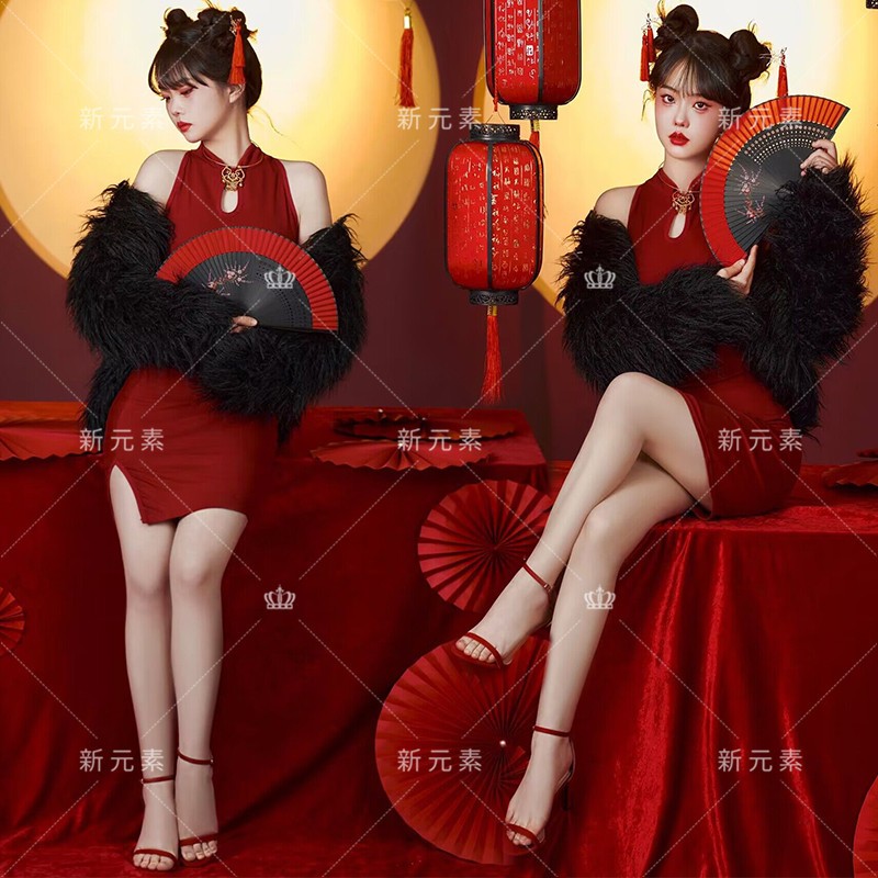 圣诞节服装女元旦新款红色旗袍影楼主题新年拍照服饰艺术照摄影服
