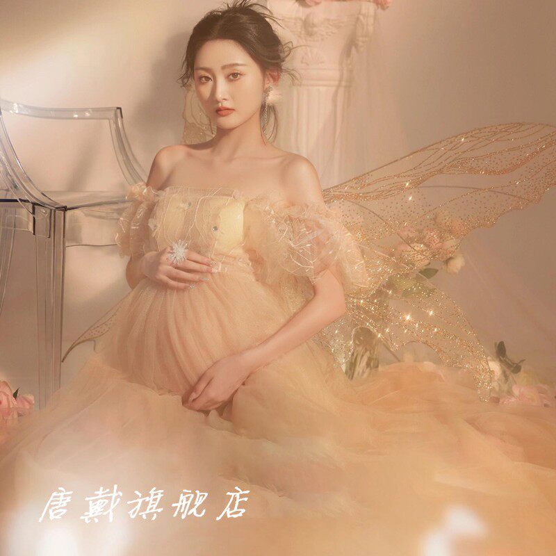 影楼孕妇法式仙女风一字肩网纱连衣裙女一字肩蓬蓬裙仙气写真拍照