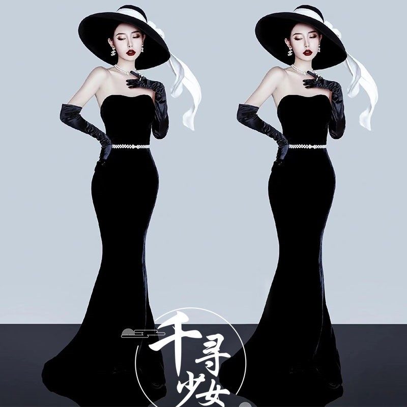 影楼主题新款个人艺术照法式复古赫本风高级感黑色抹胸鱼尾礼服,男装,其他民族服装,淘宝优惠券,粉丝福利购,淘宝优惠卷