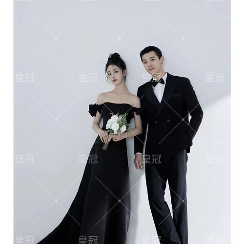 影楼情侣拍照主题服装法式高定简约黑色缎面婚纱礼服写真旅拍摄影
