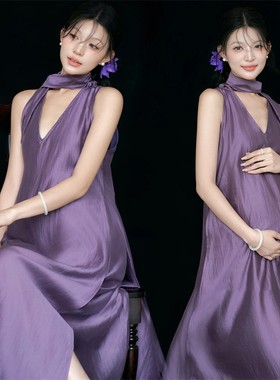 影楼法式高级紫色飘带V领无袖吊带连衣裙孕妇新款光泽感度假长裙