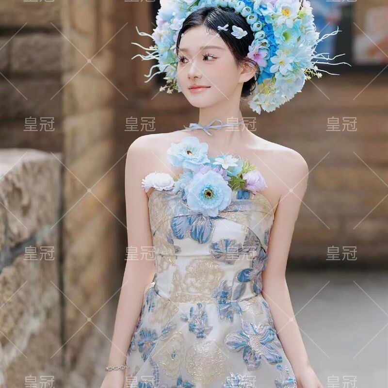新款簪花中式主题写真民族风晚礼服高级感气质长款旅拍摄影连衣裙