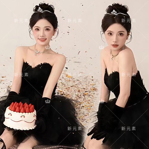 照相馆拍照服装黑色赫本抹胸羽毛裙少女千金风生日派对艺术照写真