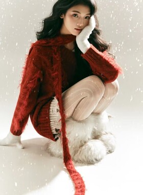 2025新款照相馆新年耶诞节写真主题服装红色毛衣个性女孩艺术摄影