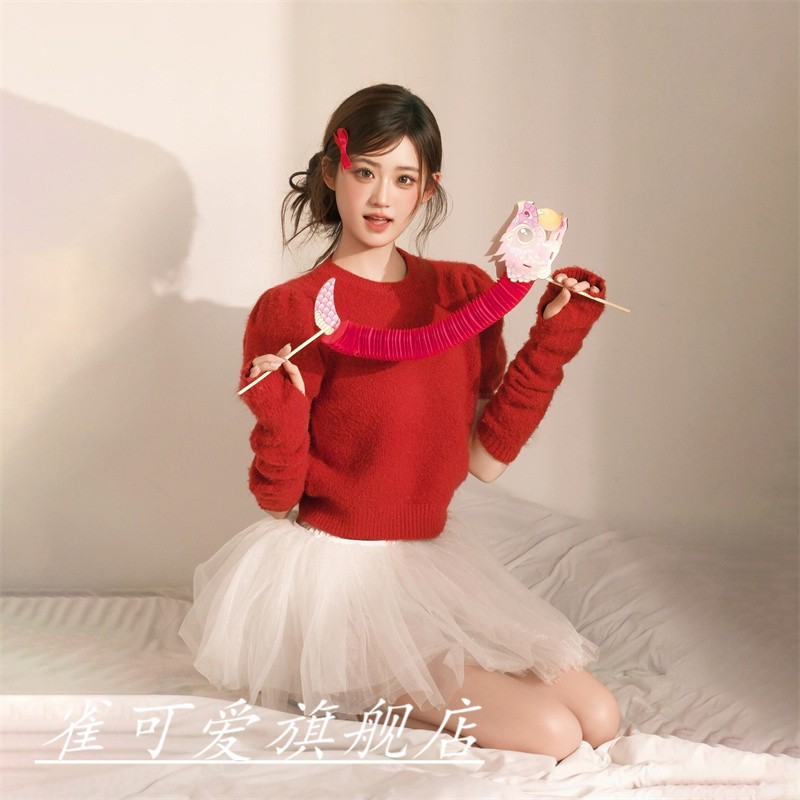 新款影楼新年可爱主题少女写真氛围清新红色毛衣艺术照摄影服装