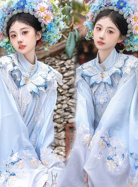 泉州簪花服装浔浦女蓝色明制汉服云肩马面裙少女旅拍摄影写真服饰