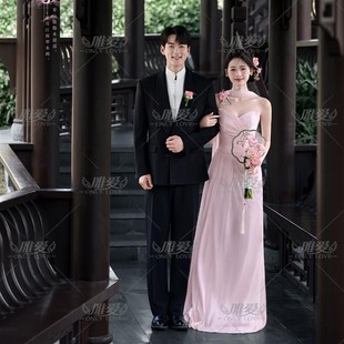 影楼工作室园林婚纱照东方韵味温婉国风摄影中式粉色鱼尾彩纱礼服